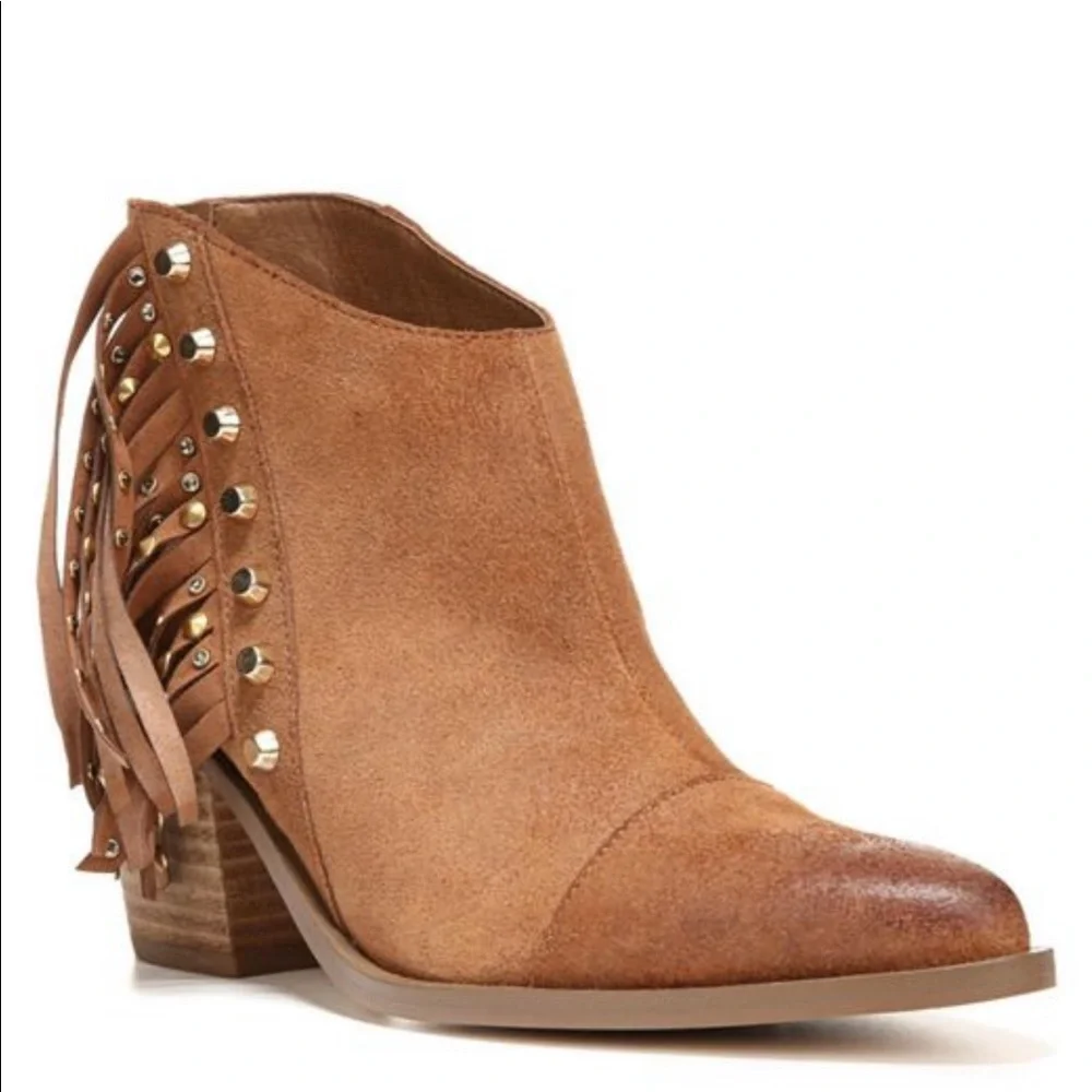 Fergie Bennie Brown Suede Studded Fringe Boots 7.5 Boho Prairie Cottagecore Moto
